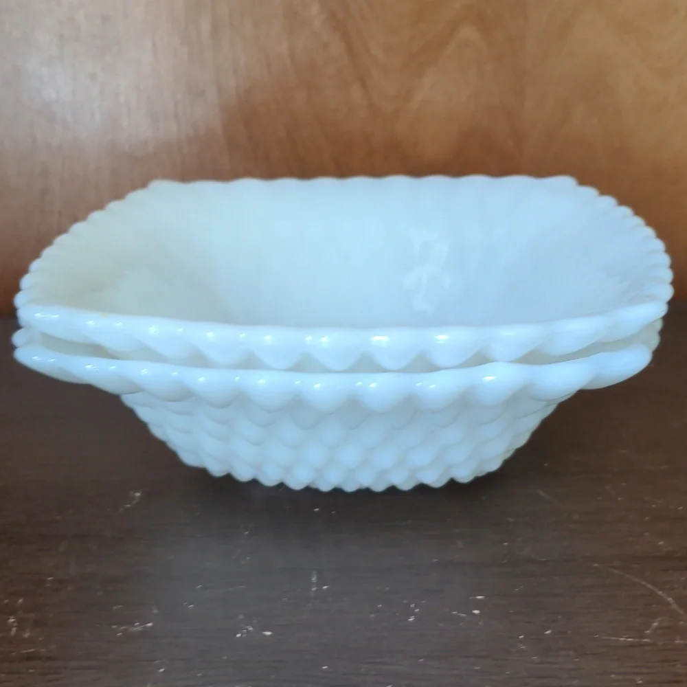 Vintage Square Shaped Mlik Glass Hobnail Bowls Set of 2